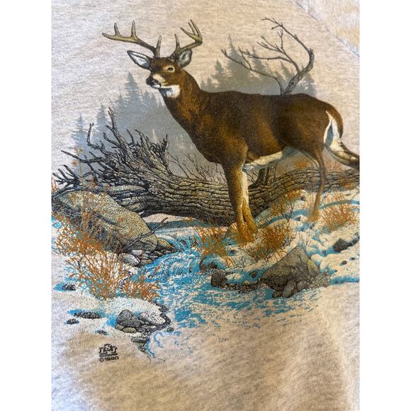 Vintage Nature Deer USA Made Jerzees XL Heather Gray Raglan Crewneck - Picture 3 of 8